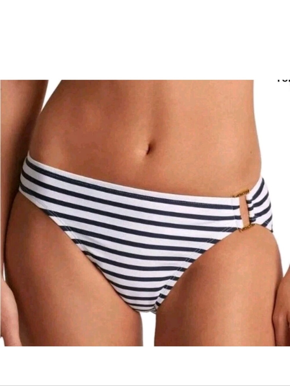 Lauren Ralph Lauren Luxe Stripe Ring-Front Hipster Bikini Bottom Navy White 14